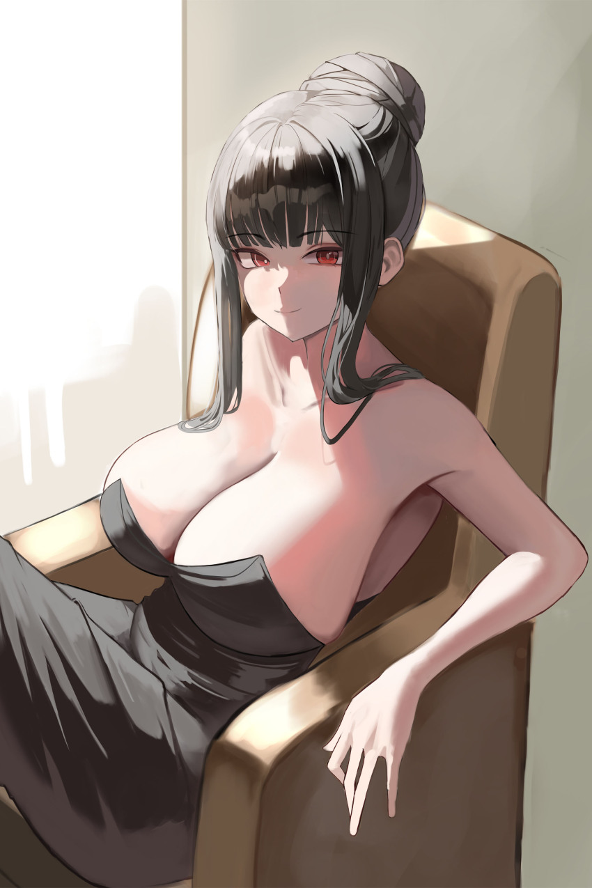 1girl, absurdres, armpits, bare_shoulders, black_dress, black_hair, blue_archive, blunt_bangs