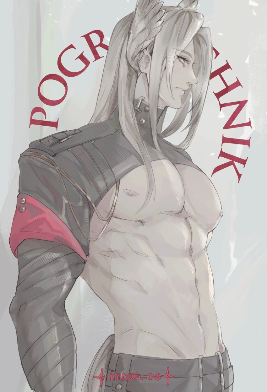 1boy, abs, absurdres, animal_ears, arknights, arknights:_endfield, bare_pectorals, black_gloves, black_pants, gloves, grey_hair, head_wings, highres, large_pectorals, long_hair, long_sleeves, male_focus, mature_male, minos_06, pants, pectorals, pogranichnik_(arknights), profile, tail, toned, toned_male, wings