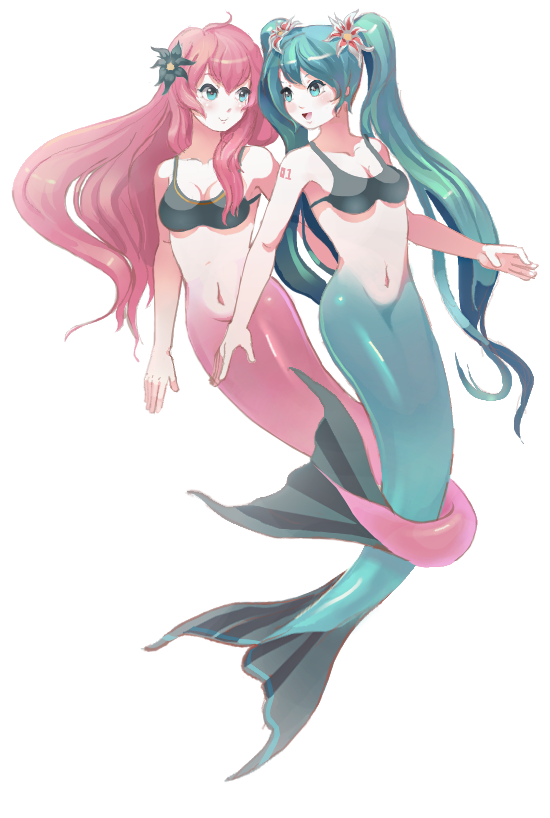 2girls, aqua_eyes, aqua_hair, flower, full_body, hair_flower, hair_ornament, hatsune_miku, intertwined_tails, kneeless_merfolk, long_hair, mamono_with_mamono, megurine_luka, merfolk, merfolk_with_merfolk, mermaid, monster_girl, multiple_girls, navel, number_tattoo, okiara, pink_hair, shoulder_tattoo, tail, tail_wrap, tattoo, transparent_background, twintails, very_long_hair, vocaloid