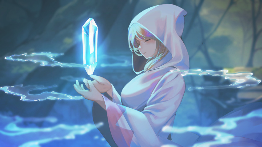 1girl, bare_tree, blonde_hair, blurry, blurry_background, c1edra, closed_eyes, closed_mouth, commentary_request, final_fantasy, final_fantasy_i, floating_gem, forest, glowing_gem, highres, hood, hood_up, hooded_robe, hydrokinesis, long_hair, long_sleeves, nature, robe, solo, tree, water, white_mage_(final_fantasy), white_robe, wide_sleeves
