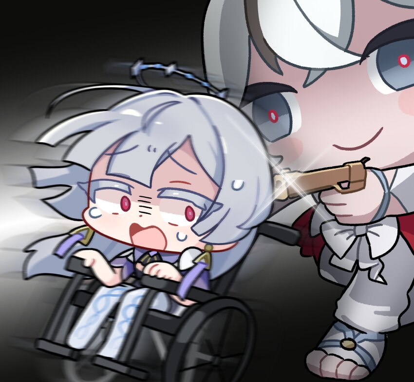 2girls, absurdres, at_gunpoint, camellya_(wuthering_waves), camellya_mascot_(meme), colored_eyelashes, commentary, earrings, grey_eyes, grey_hair, gun, halo, hashtag-only_commentary, highres, holding, holding_gun, holding_weapon, jewelry, long_hair, meme, mornye_(wuthering_waves), motion_blur, multiple_girls, open_mouth, photo-referenced, pushing_wheelchair, red_eyes, red_pupils, see-through_body, smile, sweatdrop, triangle_earrings, weapon, wheelchair, wuthering_waves, yami_(yami56_u)