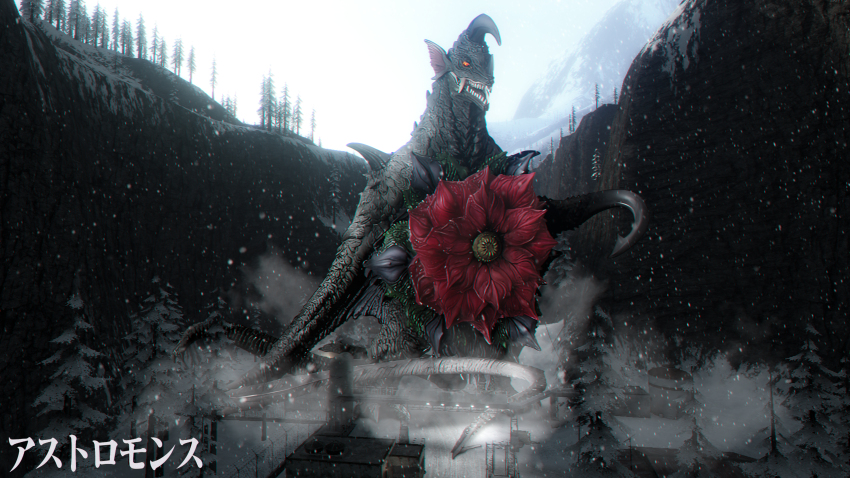 1boy, 3d, absurdres, astromons, chain-link_fence, chasm, chromatic_aberration, cliff, day, factory, fang, fence, fins, flower, flower_on_chest, head_fins, highres, hook, hook_hand, horns, love894anon, mountainous_horizon, multiple_tails, no_humans, no_pupils, outdoors, photo_background, pine_tree, red_eyes, red_flower, sharp_teeth, single_horn, sky, snow, standing, tail, teeth, tentacles, tokusatsu, tree, two_tails, ultra_series, ultraman_tarou_(series)