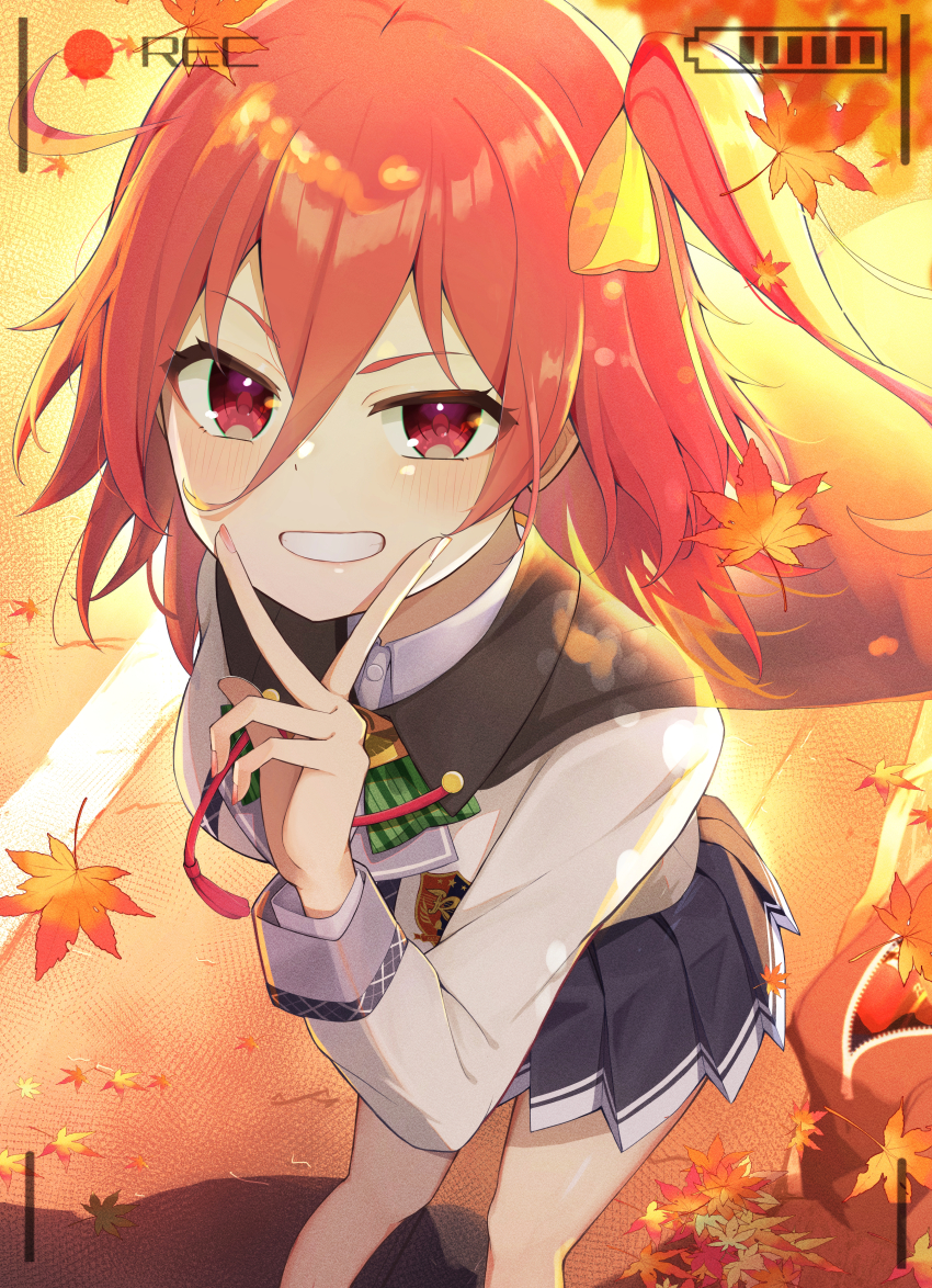 1girl, absurdres, anger_vein, autumn, autumn_leaves, bent_over, black_skirt, collared_shirt