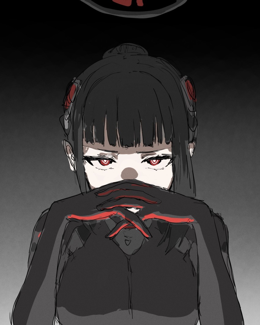 1girl, black_bodysuit, black_hair, black_halo, blue_archive, bodysuit, breasts, commentary_request