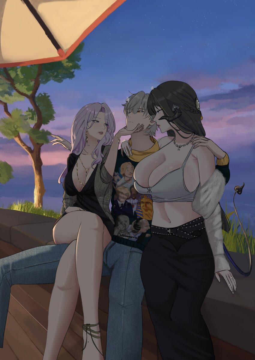 absurdres, black_dress, black_hair, black_skirt, bracelet, breasts, caelus_(honkai:_star_rail), cleavage, commentary, crossed_legs, dress, english_commentary, ficoemirrio, fur_jacket, grabbing_another's_chin, hand_on_another's_chin, highres, honkai:_star_rail, honkai_(series), horns, jacket, jade_(honkai:_star_rail), jewelry, large_breasts, purple_hair, sitting_on_thigh, skirt, tail, tank_top, the_dahlia_(honkai:_star_rail), trailblazer_(honkai:_star_rail)