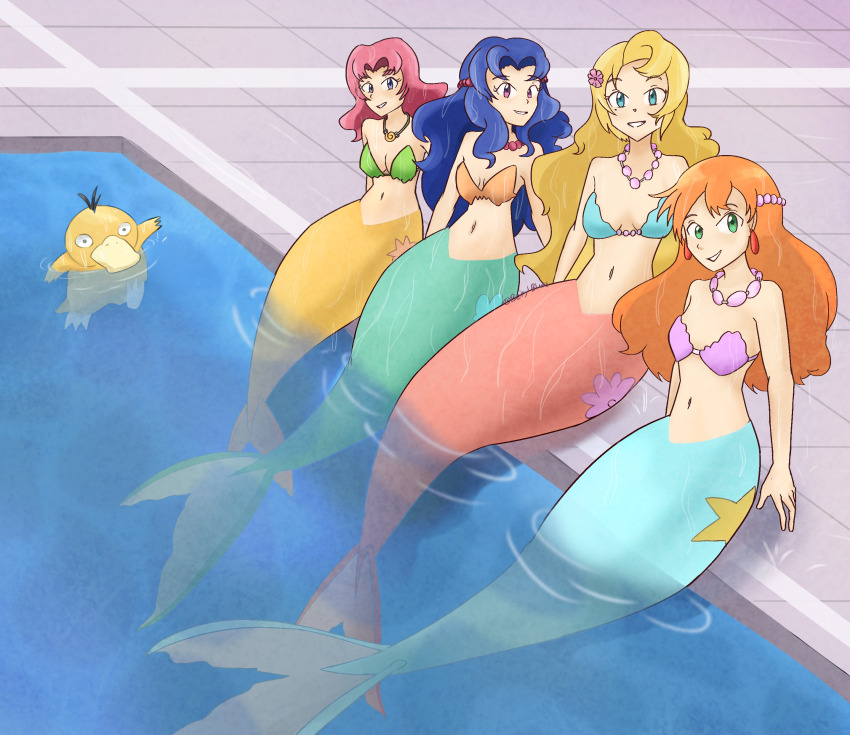 4girls, alternate_hairstyle, ayame_(pokemon), bead_necklace, beads, berylblues, bikini, bikini_top_only
