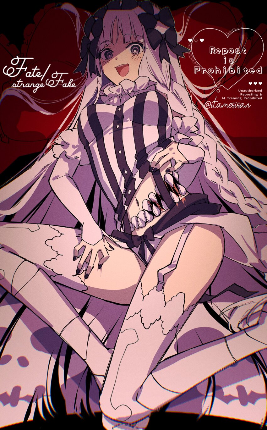 1girl, absurdres, black_bow, blush, bow, braid, breasts, chaahan_(0421_han2), collar, commentary_request, detached_sleeves, dress, english_text, fate/strange_fake, fate_(series), francesca_prelati_(fate), frilled_collar, frills, garter_straps, hair_bow, highres, long_hair, looking_at_viewer, medium_breasts, multiple_hair_bows, ringed_eyes, smile, solo, stomach_mouth, striped_clothes, striped_dress, twitter_username, vertical-striped_clothes, vertical-striped_dress, very_long_hair, white_dress, white_hair