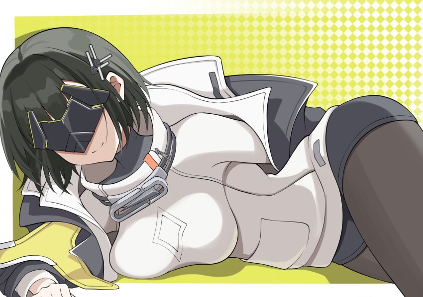 1girl, arknights, arknights:_endfield, black_coat, black_mask, black_pantyhose, black_shorts, breasts, coat, commentary_request, endministrator_(arknights), facing_viewer, female_endministrator_(arknights), grey_sweater, highres, large_breasts, long_sleeves, lying, medium_hair, nekohitsuj96199, open_clothes, open_coat, pantyhose, short_shorts, shorts, smile, solo, sweater, turtleneck, turtleneck_sweater, yellow_background