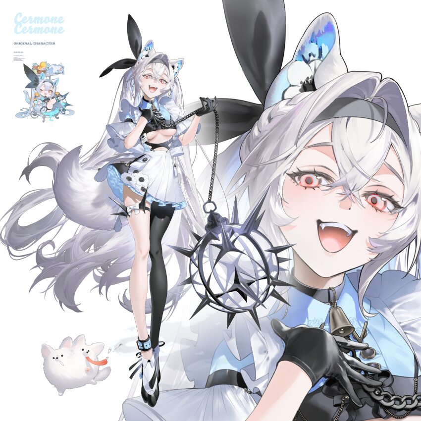 1girl, ball_and_chain_(weapon), black_gloves, breasts, chibi, gloves, grey_hair, long_hair, original, shokuen_(oxstl), single_pantyhose, spiked_ball_and_chain, tail, thigh_strap, underboob, very_long_hair, weapon, white_hair