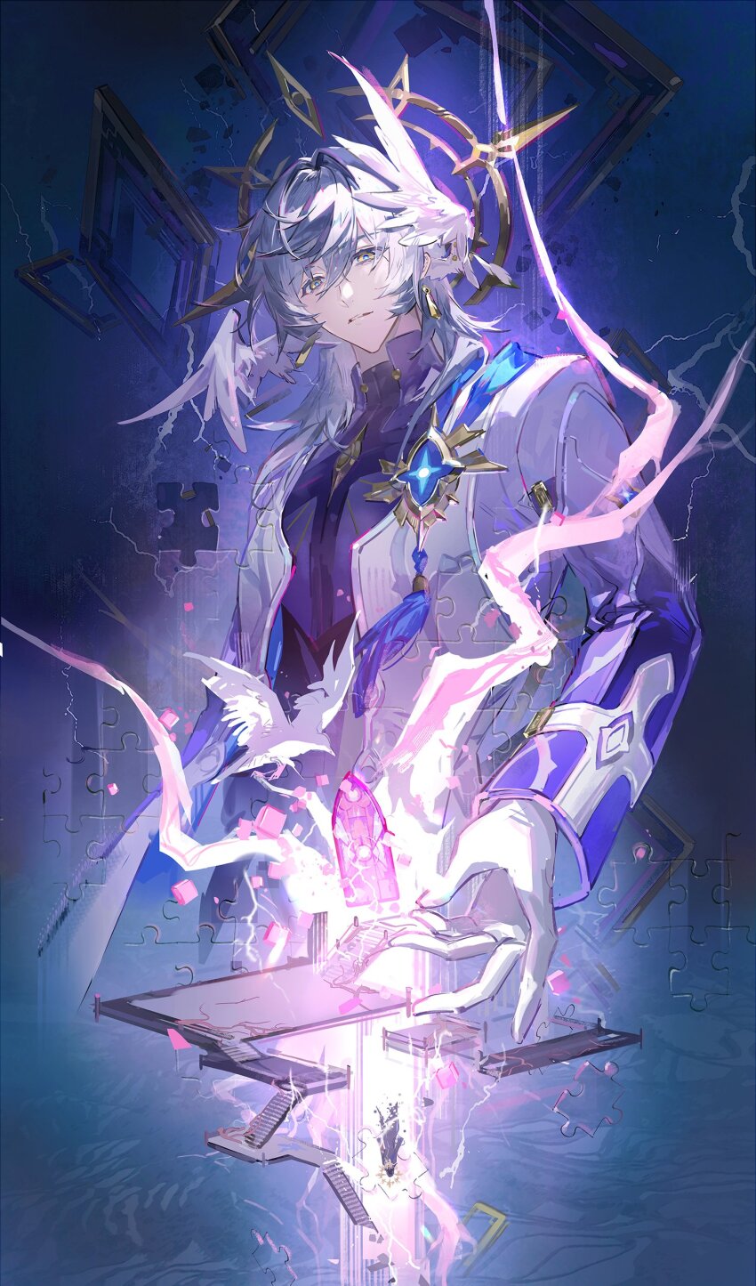 1boy, absurdres, badge, bird, blue_hair, collar, commentary, crack