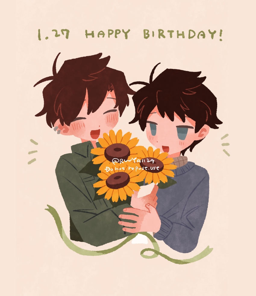 2boys, :d, akinashi_haru, akinashi_natsuki, antenna_hair, black_hair, blue_eyes, blue_sweater