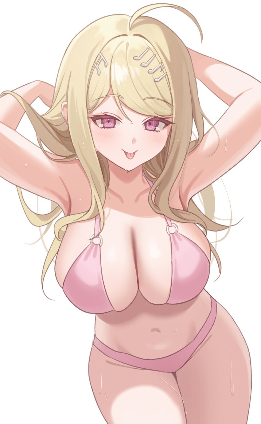 1girl, :p, absurdres, ahoge, akamatsu_kaede, alternate_costume, armpits, arms_up, bikini, breasts, cleavage, commentary, cowboy_shot, danganronpa_(series), danganronpa_v3:_killing_harmony, fortissimo, hair_ornament, highres, keke_(xfxyuio), large_breasts, long_hair, musical_note, musical_note_hair_ornament, navel, pink_bikini, pink_eyes, solo, stomach, swimsuit, untranslatable_commentary, tongue, tongue_out, wet