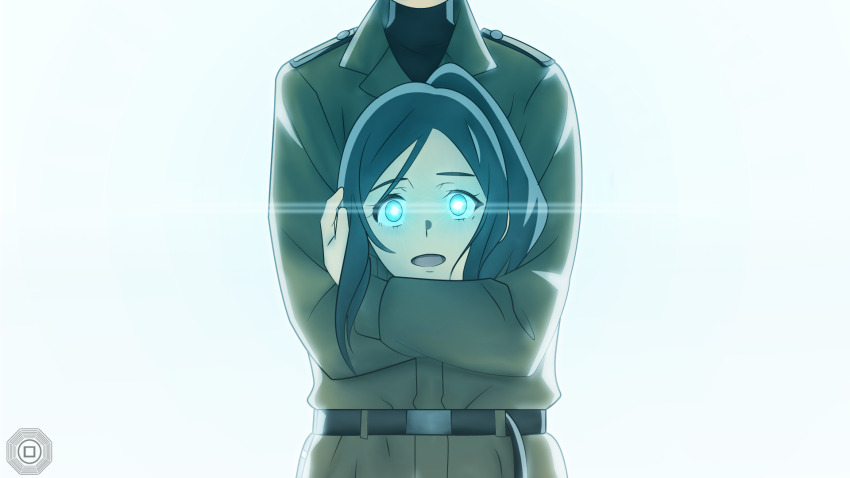 1girl, 1other, 86_-eightysix-, bagua, belt, black_hair, blue_eyes, disembodied_head, glowing, glowing_eyes, highres, kaie_taniya, military_uniform, open_mouth, original, ponytail, simple_background, the_rebellion, trigram, white_background