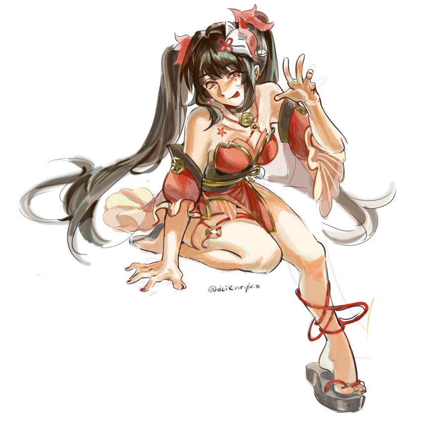 1girl, bare_shoulders, bell, black_sandals, breasts, brown_hair, commentary, criss-cross_halter, detached_sleeves, dress, english_commentary, feet, flower_tattoo, hair_ornament, halterneck, highres, honkai:_star_rail, honkai_(series), kronkydei, long_hair, medium_breasts, neck_bell, open_mouth, red_dress, sandals, smile, solo, sparkle_(honkai:_star_rail), tattoo, twintails, white_background