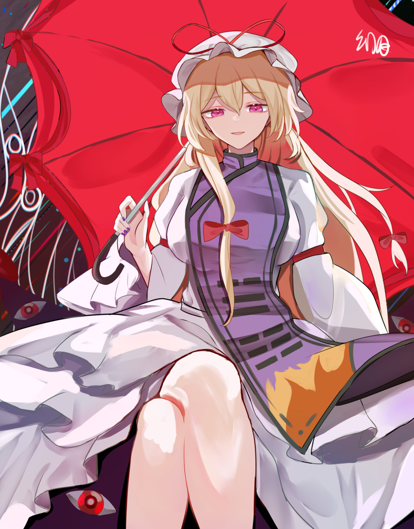 1girl, blonde_hair, breasts, commentary, crossed_legs, dress, floating_hair, gap_(touhou)