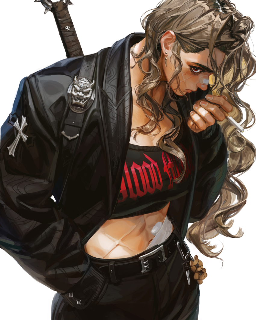 1girl, bandaid, bandaid_on_face, bandaid_on_nose, belt, belt_buckle, black_jacket, black_pants