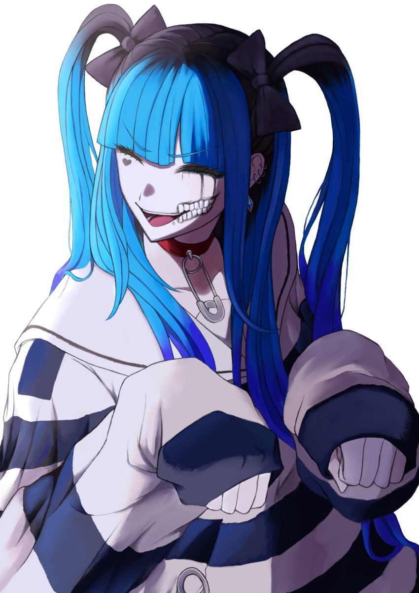 1girl, ^_^, amemiya_darumi, black_bow, black_hair, blue_hair, bow, closed_eyes, collar, commentary, ear_piercing, facial_mark, hair_bow, heart, heart_facial_mark, highres, long_hair, makeup, multicolored_hair, paw_pose, piercing, red_collar, roots_(hair), safety_pin, sailor_collar, shirt, sleeves_past_wrists, smile, solo, striped_clothes, striped_shirt, the_hundred_line_-last_defense_academy-, twintails, user_vgtu3873, white_background, white_sailor_collar