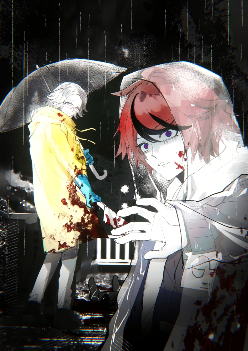 2boys, absurdres, ahoge, alternate_costume, aotsuki_eito, black_streaks, blood, blood_on_clothes