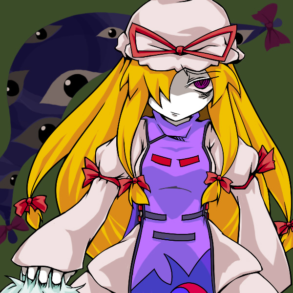 1girl, blonde_hair, bow, colored_skin, expressionless, eye_focus, female_focus, gap_(touhou)