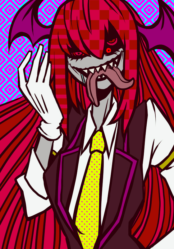 1girl, arm_garter, bat_wings, colored_skin, crazy_eyes, creepy, dress_shirt, embodiment_of_scarlet_devil