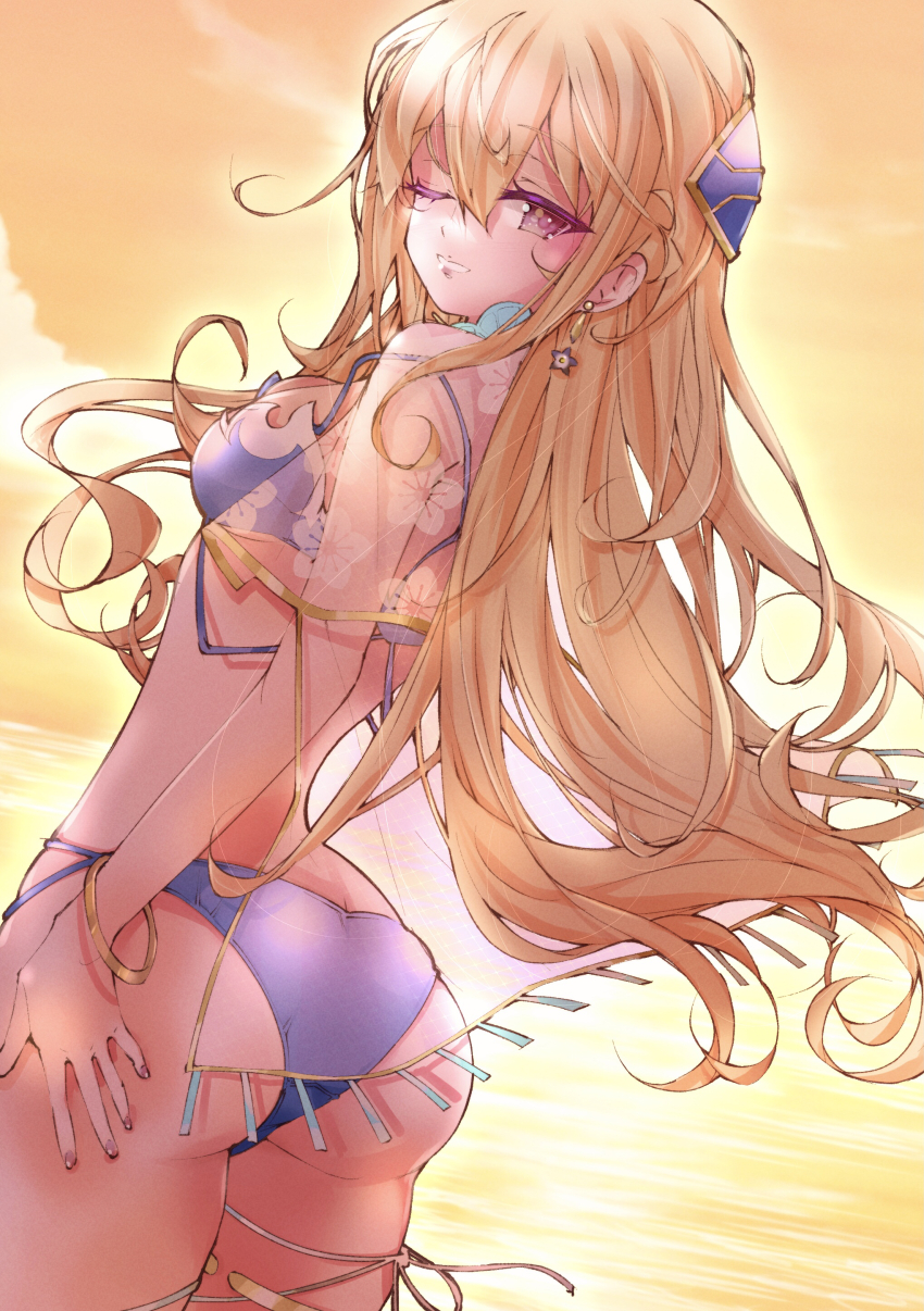 absurdres, blonde_hair, breasts, commentary_request, dusk, earrings, heaven_burns_red, highres