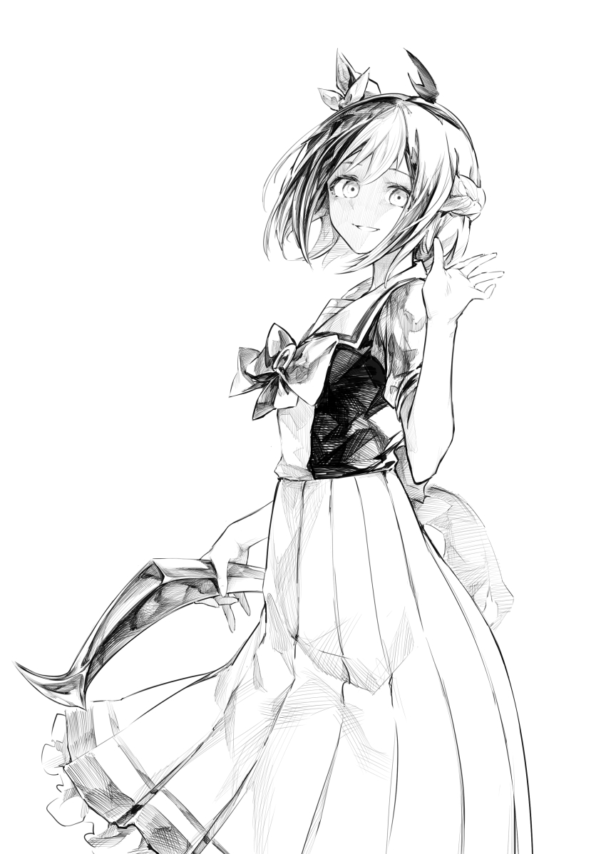 1girl, absurdres, animal_ears, boomerang, boomerang_fu, bow, bowtie, commentary_request, commission, cowboy_shot, crazy_eyes, ear_bow, glint, greyscale, hair_between_eyes, hasukurira, highres, holding_boomerang, horse_ears, horse_girl, looking_at_viewer, monochrome, multicolored_hair, outdoors, pakatube, pixiv_commission, pleated_skirt, sailor_collar, sailor_shirt, school_uniform, shirt, short_hair, short_sleeves, skirt, solo, special_week_(umamusume), spot_color, summer_uniform, tracen_school_uniform, umamusume