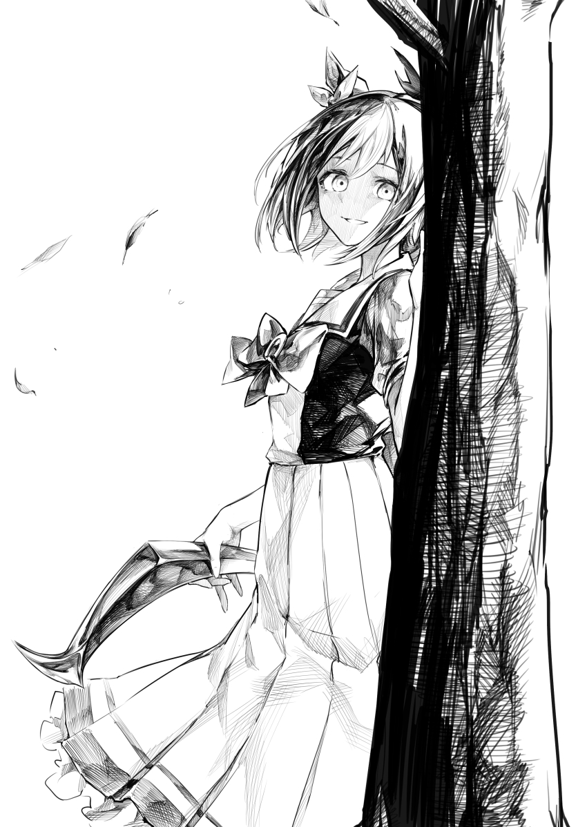 1girl, absurdres, animal_ears, behind_tree, boomerang, boomerang_fu, bow, bowtie