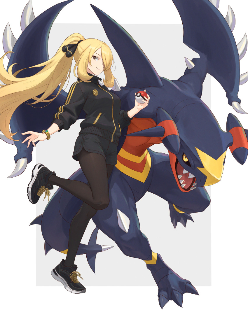 1girl, absurdres, black_jacket, black_shoes, black_shorts, blonde_hair, breasts, brown_pantyhose, closed_mouth, cynthia_(pokemon), garchomp, gen_4_pokemon, grey_eyes, hair_over_one_eye, high_ponytail, highres, holding, holding_poke_ball, jacket, long_hair, looking_at_viewer, mega_garchomp_z, mega_ring, nintendo, pantyhose, poke_ball, poke_ball_(basic), pokemon, pokemon_(creature), pokemon_diamond/pearl/platinum, ponytail, shoes, short_shorts, shorts, simple_background, smile, sneakers, track_jacket, truejekart, very_long_hair, white_background