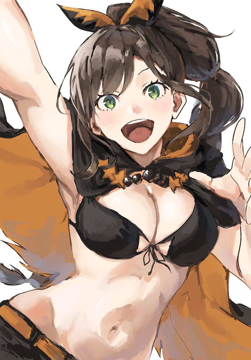 1girl, :d, arm_up, armpits, belt, bikini, bikini_top_only, black_bikini, black_cape, black_shorts, breasts, brown_hair, cape, cleavage, commentary_request, danroneko, front-tie_bikini_top, front-tie_top, green_eyes, hair_ribbon, halloween, halloween_costume, high_ponytail, highres, large_breasts, long_hair, looking_at_viewer, multi-tied_hair, navel, open_mouth, orange_belt, orange_cape, ponytail, re:zero_kara_hajimeru_isekai_seikatsu, ribbon, shaula_(re:zero), shorts, simple_background, smile, solo, stomach, swimsuit, two-tone_cape, white_background
