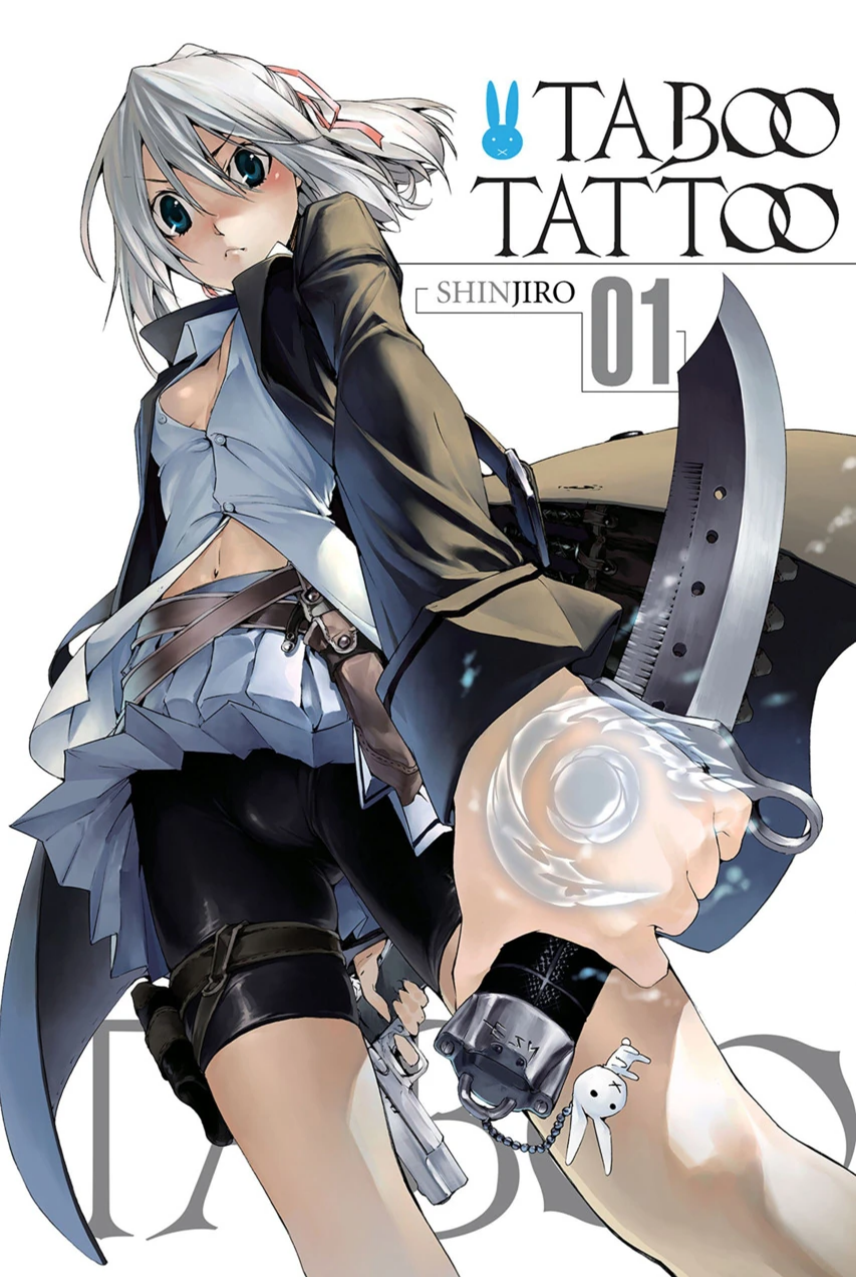 1girl, absurdres, arm_tattoo, belt, belt_buckle, bike_shorts, black_coat, black_jacket, black_shorts, blue_eyes, bluesy_fluesy, blush, bow, breasts, brown_belt, buckle, cleavage_cutout, closed_mouth, clothing_cutout, coat, collared_shirt, colorized, cover, cover_page, english_text, female_focus, grey_hair, gun, hair_bow, hair_ribbon, highres, holding, holding_gun, holding_knife, holding_pistol, holding_weapon, jacket, knife, legs, long_hair, long_sleeves, looking_at_viewer, looking_down, manga_illustration, manga_page, midriff, miniskirt, navel, no_bra, official_art, pants, pink_bow, pink_ribbon, pleated_skirt, ponytail, ribbon, sexually_suggestive, shinjirou, shirt, shorts, skin_tight, skirt, small_breasts, solo, solo_focus, stomach, taboo_tattoo, tattoo, thighs, tight_clothes, tight_pants, translated, unbuttoned, unbuttoned_shirt, upskirt, weapon, white_shirt, white_skirt