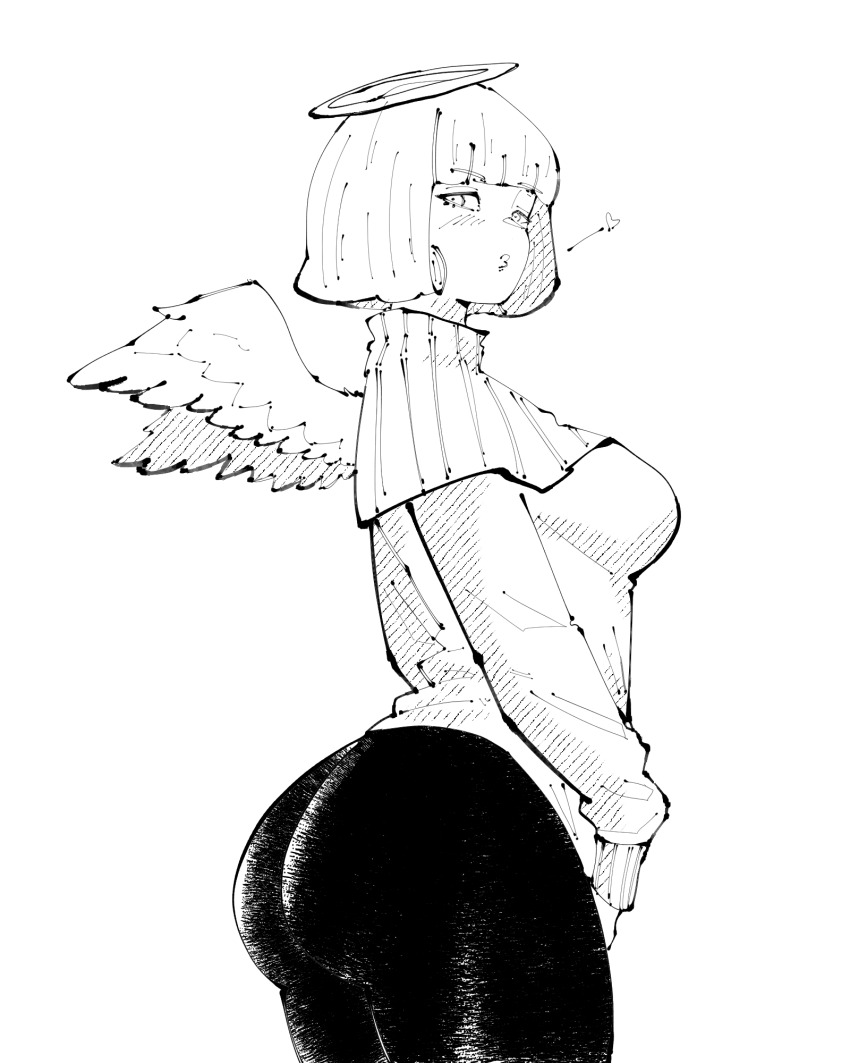 1girl, angel, angel_wings, ass, black_pants, breasts, closed_mouth, commentary, cowboy_shot, english_commentary, feathered_wings, from_side, greyscale, halo, hatching_(texture), heart, highres, jujutsu_kaisen, kurusu_hana, large_breasts, linear_hatching, long_sleeves, looking_at_viewer, miregeist, monochrome, pants, puckered_lips, short_hair, simple_background, solo, sweater, tight_clothes, tight_pants, traditional_halo, white_background, wings
