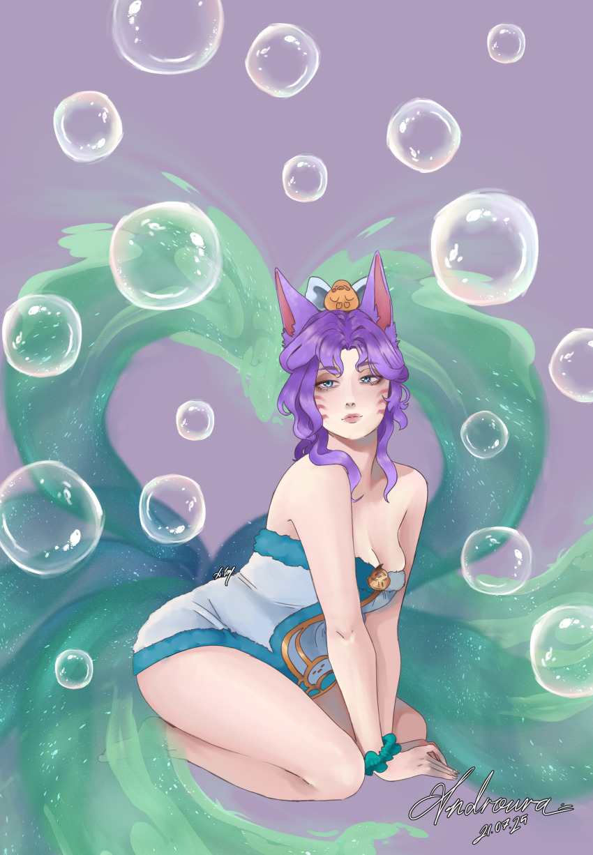 1girl, absurdres, ahri_(league_of_legends), androura, animal_ears, blue_eyes, breasts, bubble