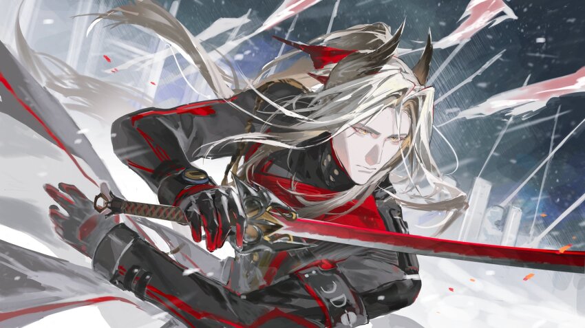 1boy, arknights, arknights:_endfield, arms_up, black_coat, black_gloves, closed_mouth, coat, commentary, duetrofl, english_commentary, gloves, head_wings, highres, holding, holding_sword, holding_weapon, long_hair, long_sleeves, male_focus, parted_hair, pogranichnik_(arknights), sleeve_cuffs, solo, sword, weapon, white_hair, wings, yellow_eyes