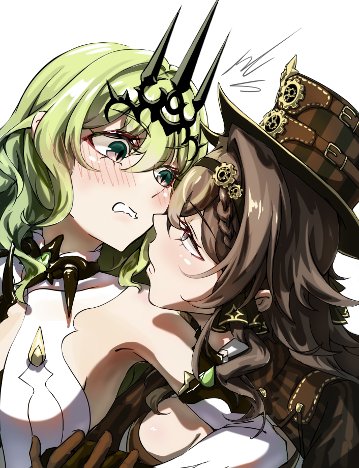 2girls, black_tiara, blush, breasts, brown_gloves, brown_hair, chinese_commentary, cleavage, commentary_request, dress, gloves, hair_intakes, hat, honkai_(series), honkai_impact_3rd, interlocked_fingers, large_breasts, long_hair, looking_at_another, medium_hair, mobius_(honkai_impact), multiple_girls, oshino_ogi, slit_pupils, tiara, top_hat, very_long_hair, vill-v, yuri