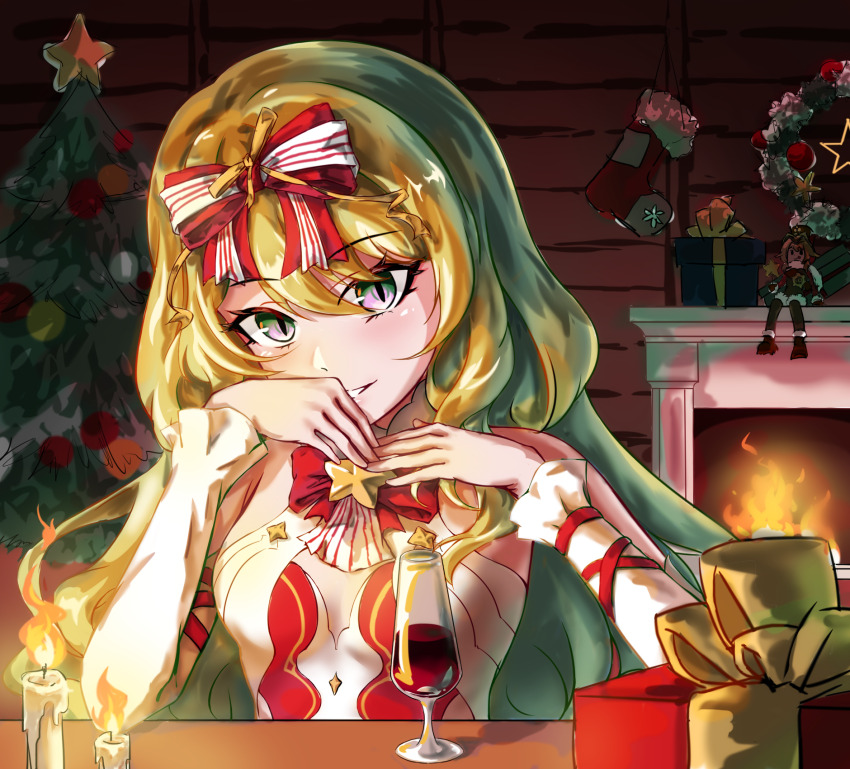 1girl, box, breasts, candle, chimney, chinese_commentary, christmas_tree, christmas_wreath, commentary_request, cup, dress, drinking_glass, gift, gift_box, green_hair, highres, honkai_(series), honkai_impact_3rd, indoors, long_hair, looking_at_viewer, mobius_(honkai_impact), official_alternate_costume, oshino_ogi, red_dress, red_socks, small_breasts, socks, solo, very_long_hair, vill-v, wine_glass, wreath