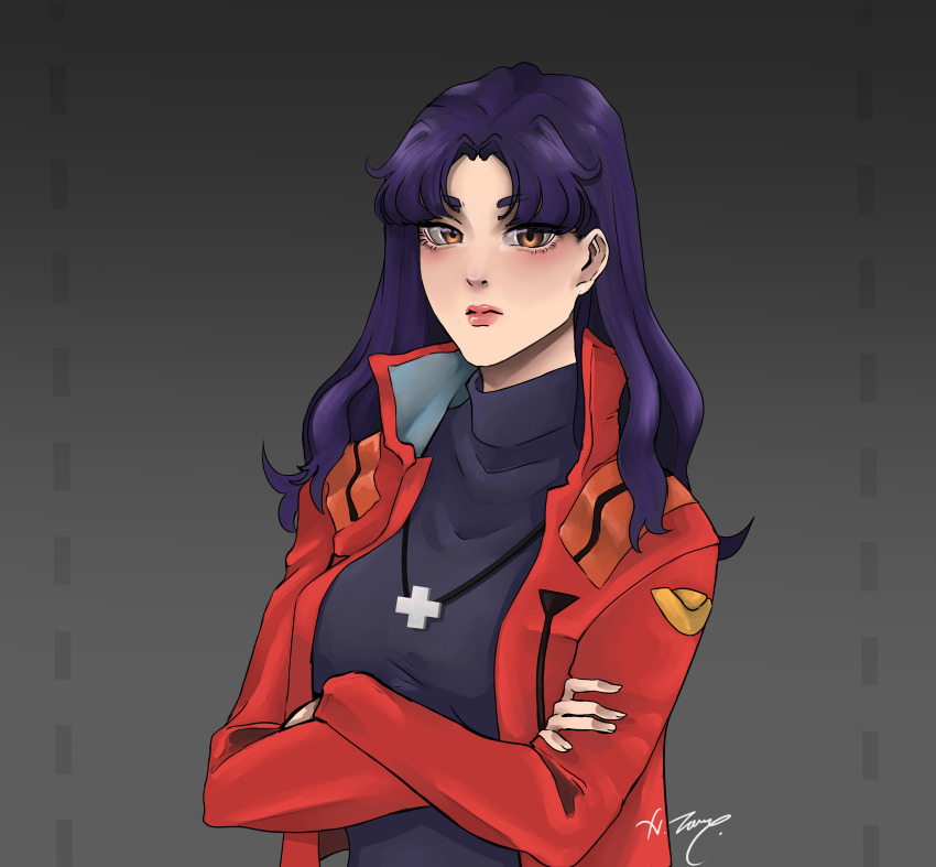 1girl, absurdres, androura, coat, colored_skin, cross, cross_necklace, crossed_arms, eyeliner, highres, jewelry, katsuragi_misato, long_hair, long_sleeves, looking_at_viewer, makeup, necklace, neon_genesis_evangelion, non-web_source, orange_eyes, purple_hair, red_coat, shiny_lips, signature, solo, white_skin