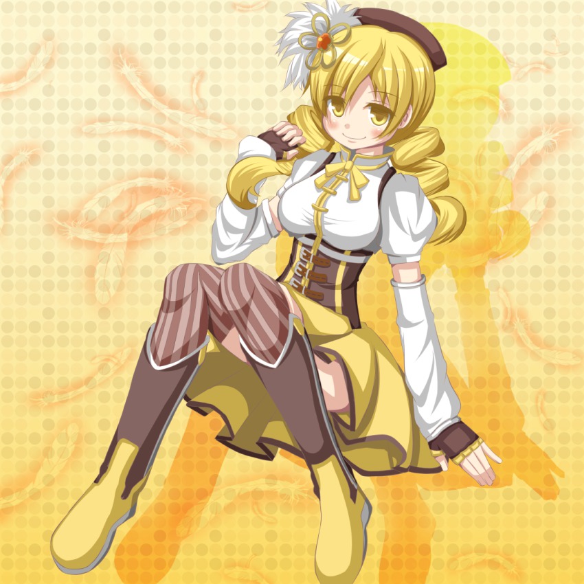 10s, 1girl, beret, blonde_hair, boots, breasts, corset, detached_sleeves