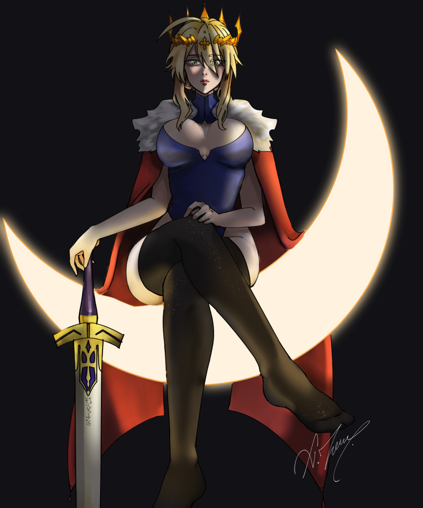 1girl, absurdres, ahoge, androura, artoria_pendragon_(fate), artoria_pendragon_(lancer)_(fate), artoria_pendragon_(lancer)_(third_ascension)_(fate), blonde_hair, blue_dress, breasts, cape, crescent_moon, crossed_legs, crown, dark_background, dress, fate_(series), feet, hand_on_own_knee, highres, large_breasts, moon, non-web_source, partially_shaded_face, red_cape, shade, short_hair, short_hair_with_long_locks, signature, sitting, sword, thighhighs, weapon