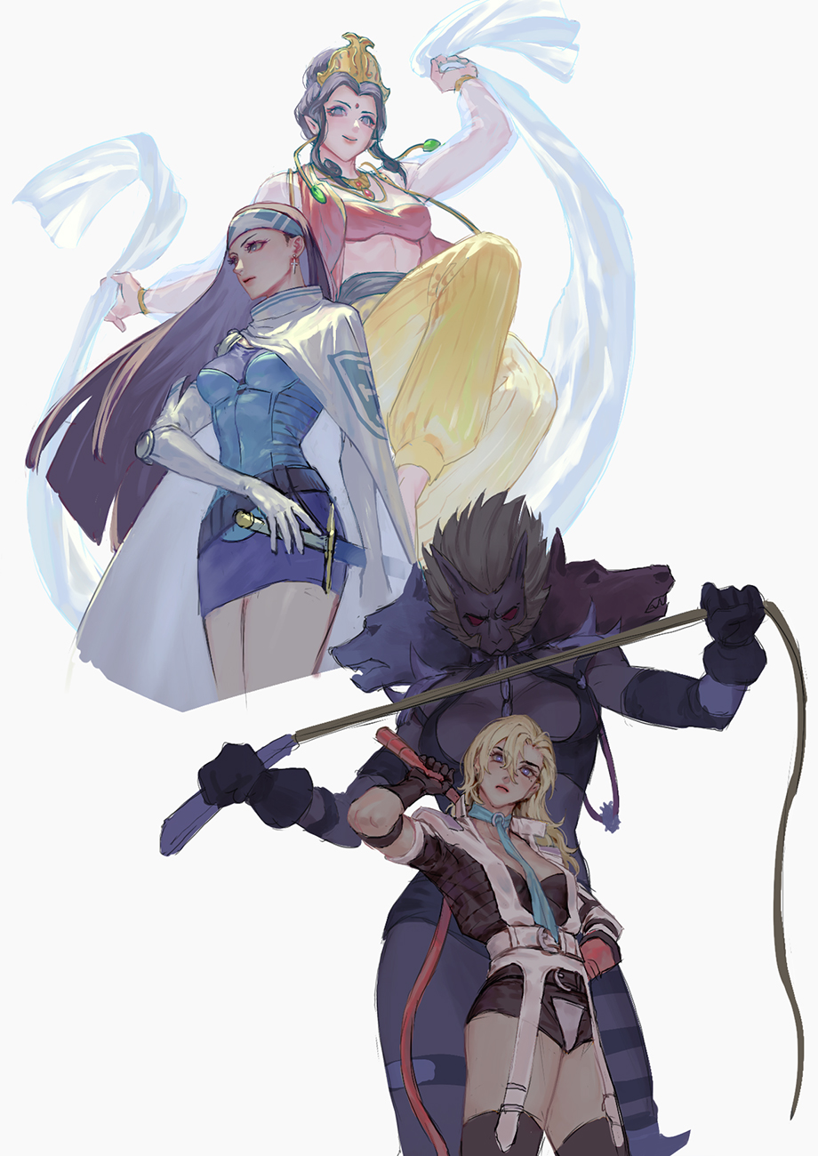 4girls, animal_head, armor, asian_indian_clothes, beth_(megami_tensei), black_gloves, black_hair, black_leotard