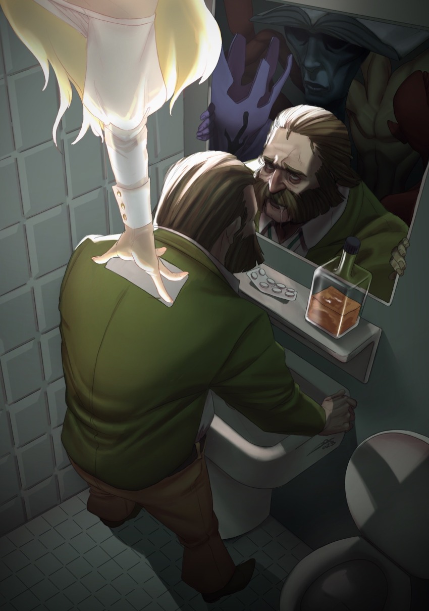 1boy, 1girl, 5others, alcohol, bathroom, blazer, blush, bottle, brown_hair, character_request, check_character, clenched_hand, commentary, different_reflection, disco_elysium, dolores_dei, electrochemistry_(disco_elysium), encyclopedia_(disco_elysium), english_commentary, facial_hair, full_body, furrowed_brow, green_jacket, hair_slicked_back, half_light_(disco_elysium), hand_on_another's_back, harry_du_bois, highres, indoors, jacket, male_focus, multiple_others, multiple_persona, mutton_chops, nose_blush, nurve26, out_of_frame, outstretched_arm, reflection, saliva, sink, spread_legs, tile_wall, tiles, toilet, volition_(disco_elysium)