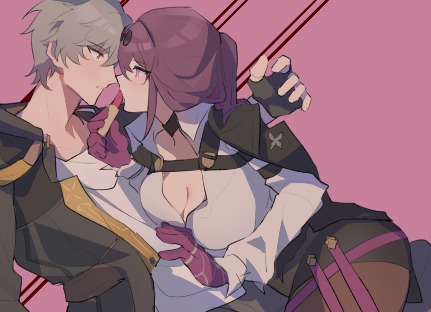 1boy, 1girl, black_choker, black_coat, black_gloves, black_shorts, breasts, caelus_(honkai:_star_rail)