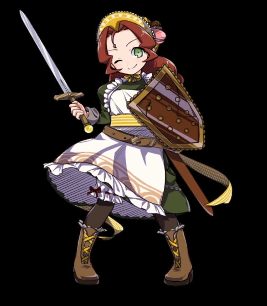 1girl, apron, black_background, black_pantyhose, bloomers, blush, boots, bow, brown_boots, brown_hair, closed_mouth, cookie_(merc_storia), curtained_hair, dress, food, frilled_apron, frills, full_body, green_dress, highres, holding, holding_shield, holding_sword, holding_weapon, long_hair, long_sleeves, macaron, maid, maid_apron, merc_storia, merc_storia_art_team, official_art, one_eye_closed, pantyhose, puffy_sleeves, sheath, shield, simple_background, smile, solo, standing, sword, tachi-e, underwear, weapon, white_apron, yellow_bow