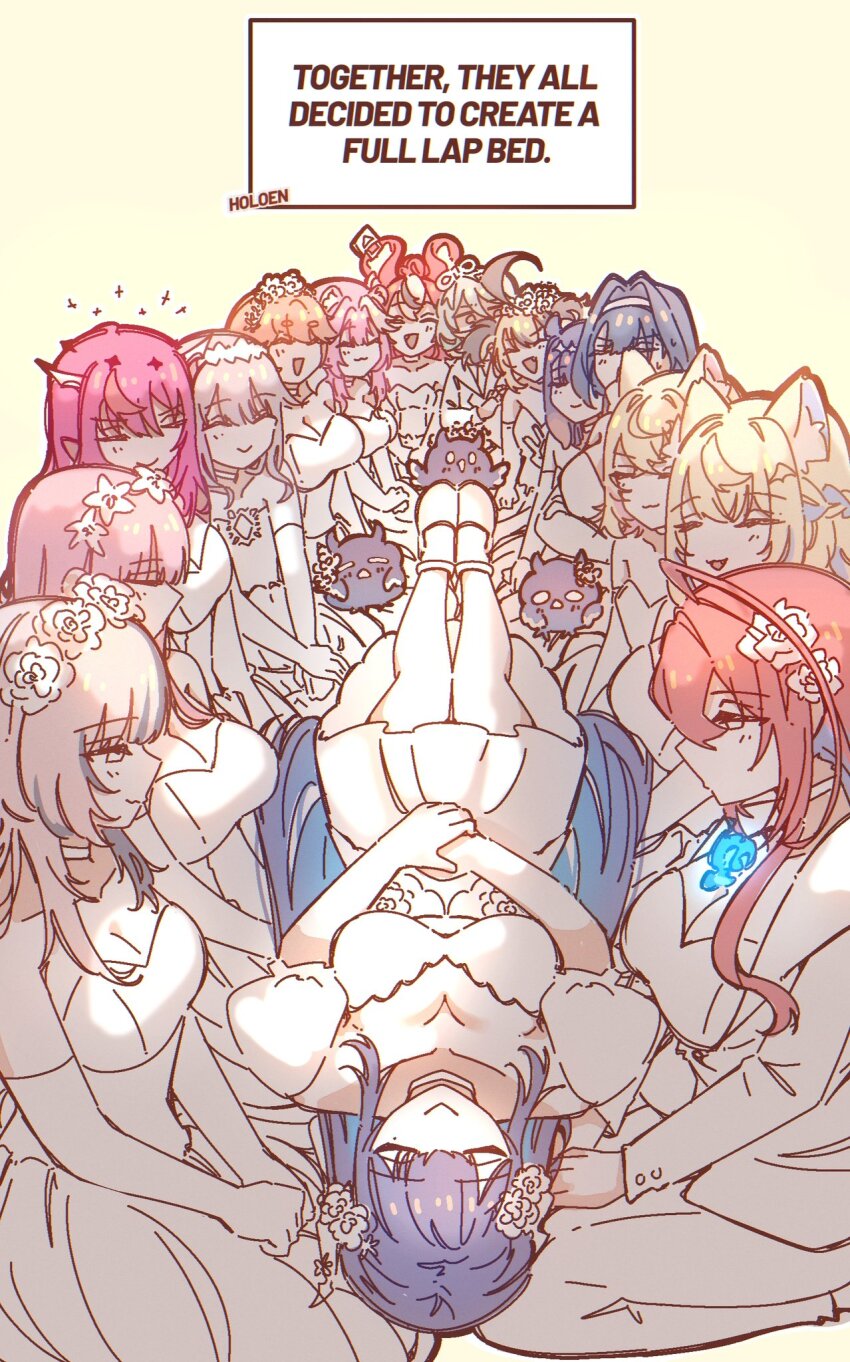 6+girls, affectionate_harem, blonde_hair, blue_hair, breasts, cecilia_immergreen, cleavage, commentary, dress, elbow_gloves, elizabeth_rose_bloodflame, english_commentary, english_text, everyone, flower, formal_clothes, fuwawa_abyssgard, gigi_murin, girl_sandwich, gloves, hair_flower, hair_ornament, hakos_baelz, harem, highres, hololive, hololive_english, hyurisaki, irys_(hololive), jailbird_(nerissa_ravencroft), koseki_bijou, lap_pillow, long_hair, lying, lying_on_lap, mococo_abyssgard, mori_calliope, multiple_girls, nerissa_ravencroft, ninomae_ina'nis, on_lap, ouro_kronii, pink_hair, polygamy, raora_panthera, sandwiched, shiori_novella, suit, surrounded, takanashi_kiara, too_many, virtual_youtuber, wedding_dress, white_dress, wife_and_wife_and_wife, yuri