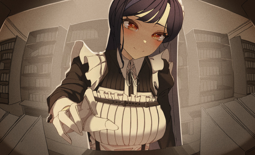 1girl, apron, black_dress, black_hair, blush, book, bookshelf, breasts