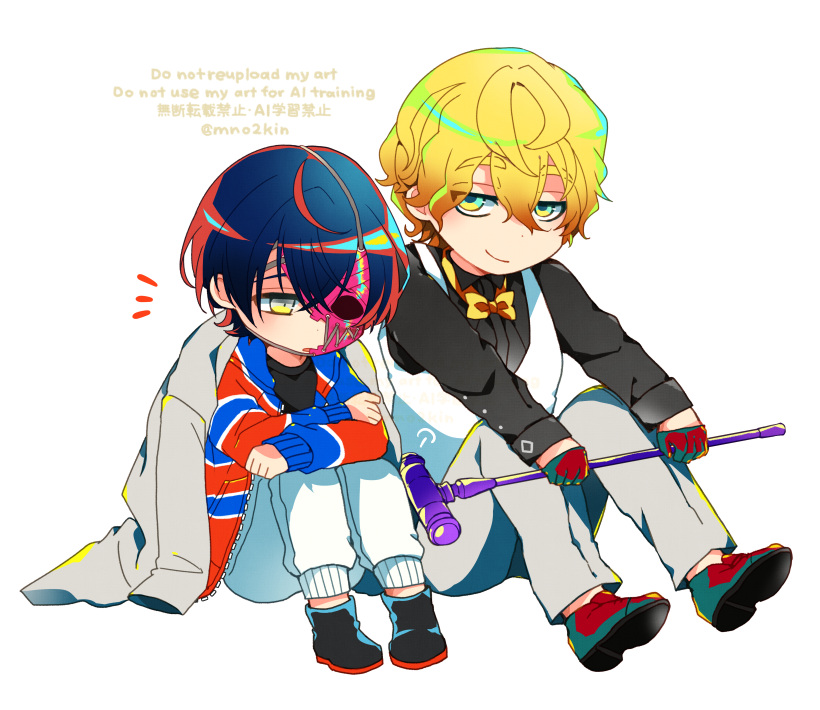 1boy, 1girl, black_hair, black_shirt, black_shoes, blue_eyes, borrowed_clothes, bow