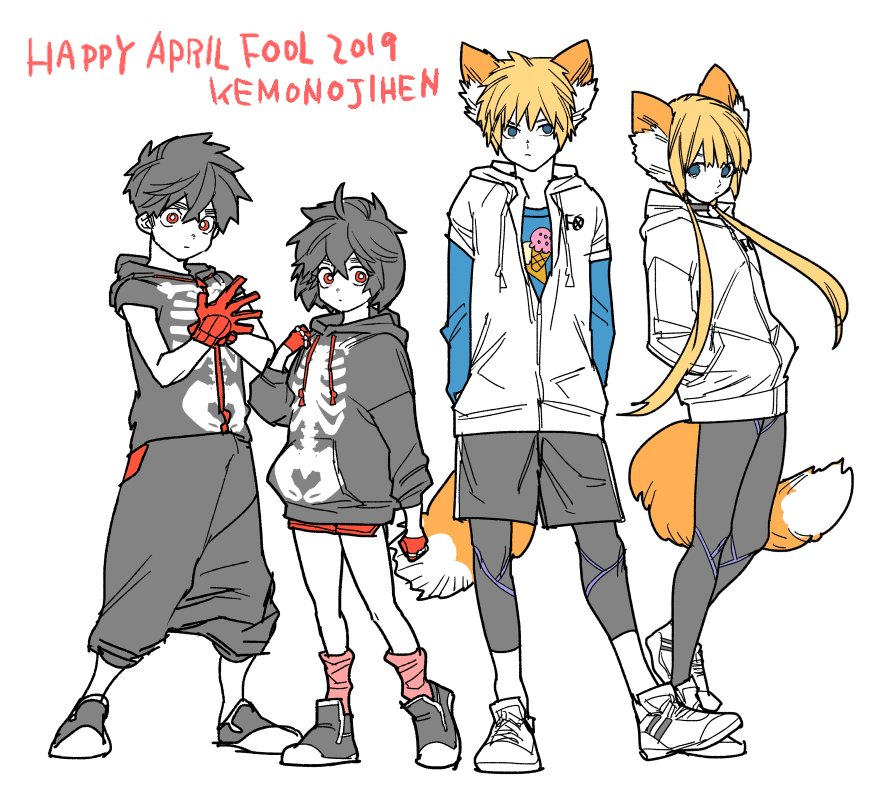 1boy, 1girl, aimoto_shou_(artist), animal_ears, april_fools, black_hair, black_leggings, blonde_hair