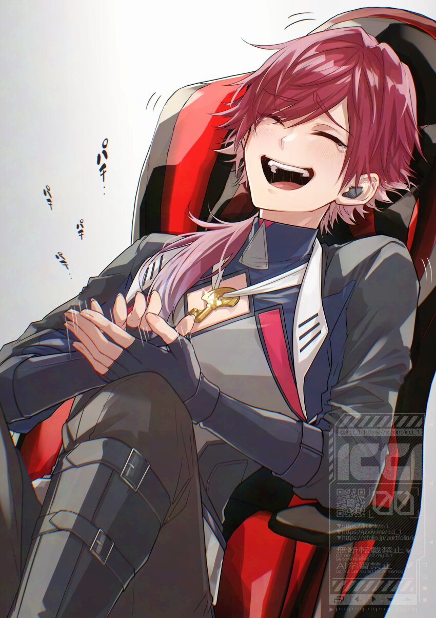 1boy, absurdres, black_gloves, chair, clapping, cleavage_cutout, closed_eyes, clothing_cutout