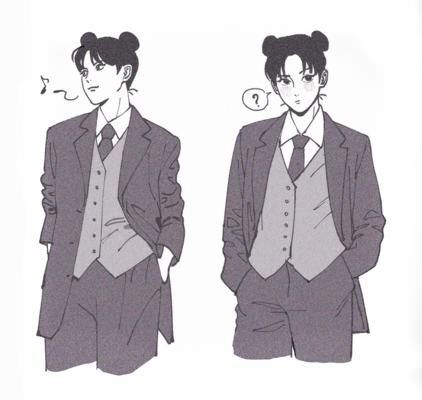 1girl, ?, coat, commentary, crossdressing, crossdressing_(ftm), double_bun, eighth_note