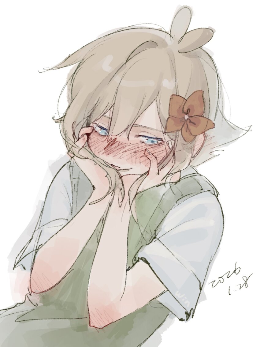 1boy, antenna_hair, basil_(faraway)_(omori), basil_(omori), blush, closed_mouth, collared_shirt, commentary_request, dated, double-parted_bangs, flower, green_sweater_vest, hair_between_eyes, hair_flower, hair_ornament, hashtag-only_commentary, highres, looking_at_viewer, male_focus, o51515o, omori, shirt, short_hair, short_sleeves, sidelocks, simple_background, sketch, solo, sweater_vest, upper_body, white_background, white_shirt