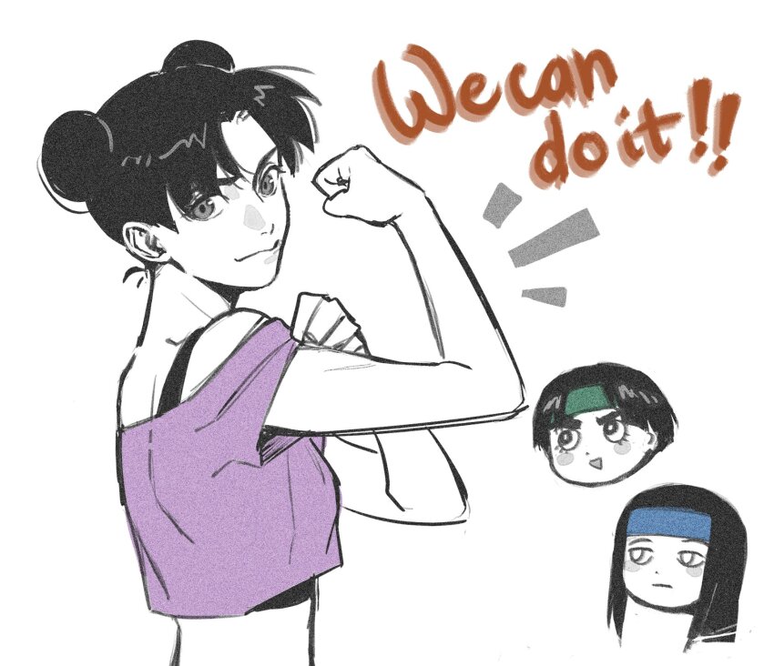 1girl, 2boys, blue_headband, blush_stickers, bowl_cut, commentary, crop_top, double_bun
